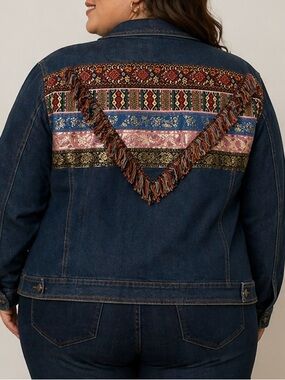 Cato C EST 1946 DENIM JACKET Southwest BOHEMIAN STYLE RIBBON FRINGE